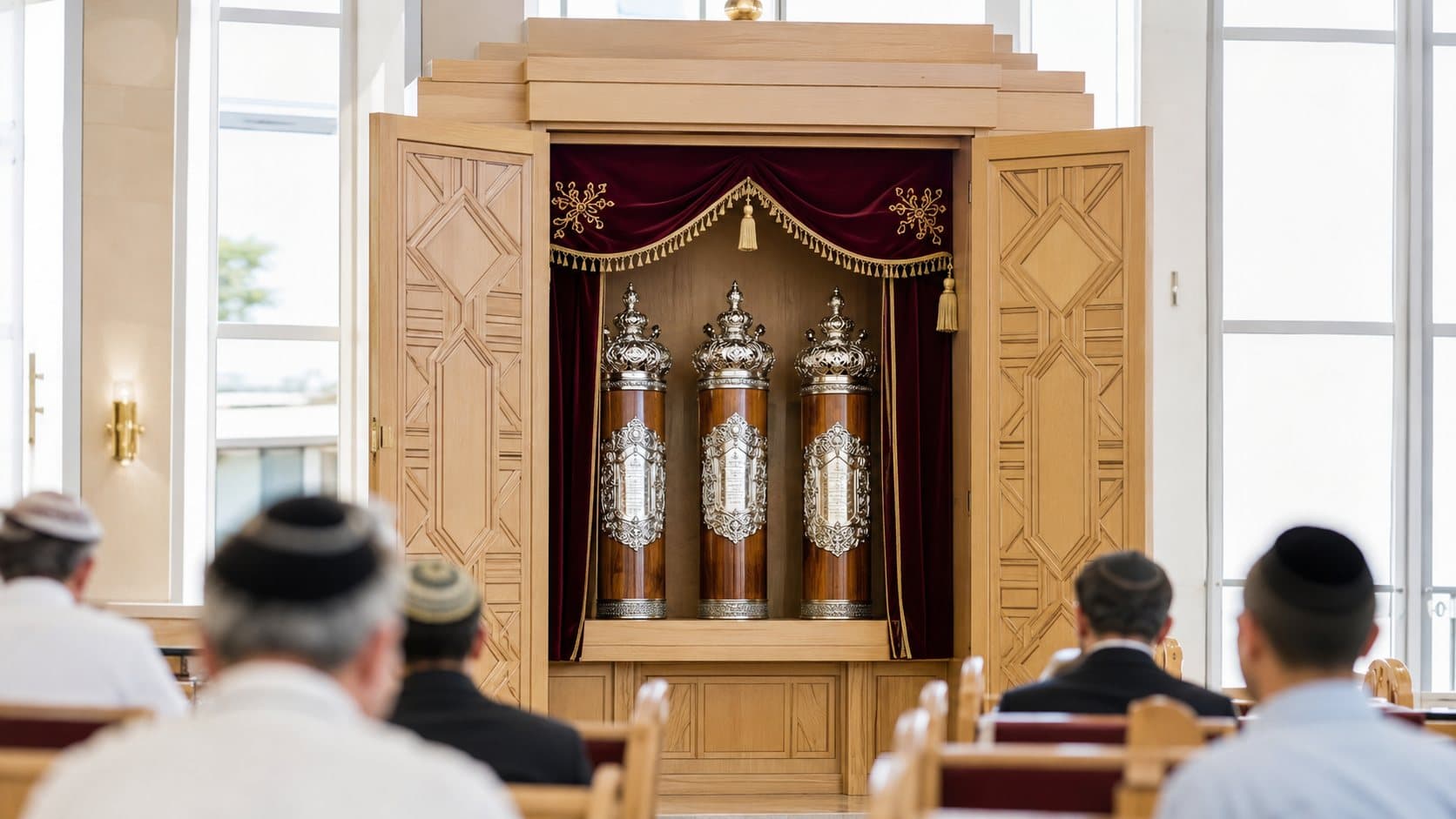 Illustration : l'arche ouverte d'une synagogue claire, trois Sifrei Torah debout et couronnés d'argent