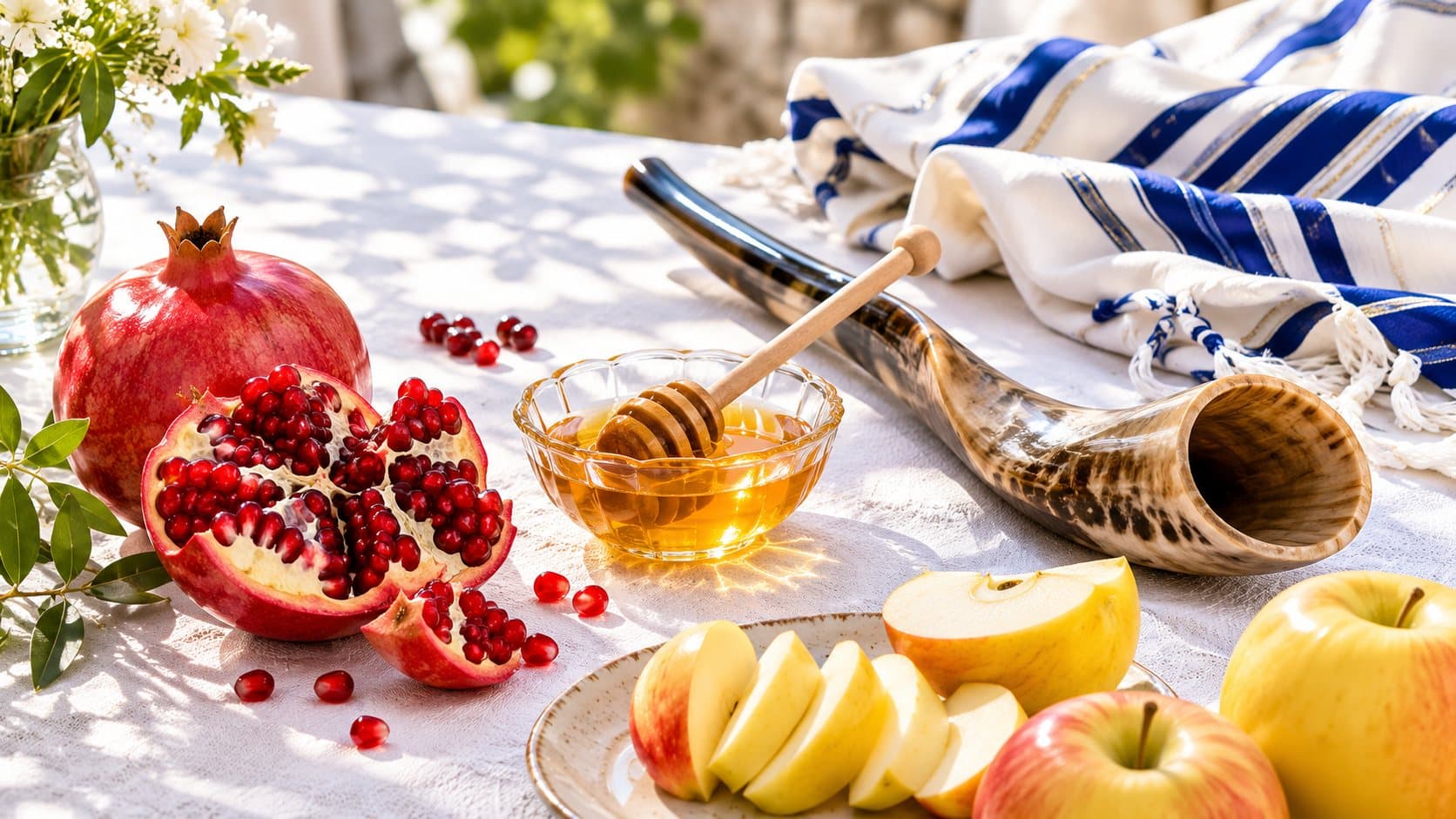 Illustration : grenade ouverte, miel, pommes, shofar et tallit sur une nappe blanche ensoleillée