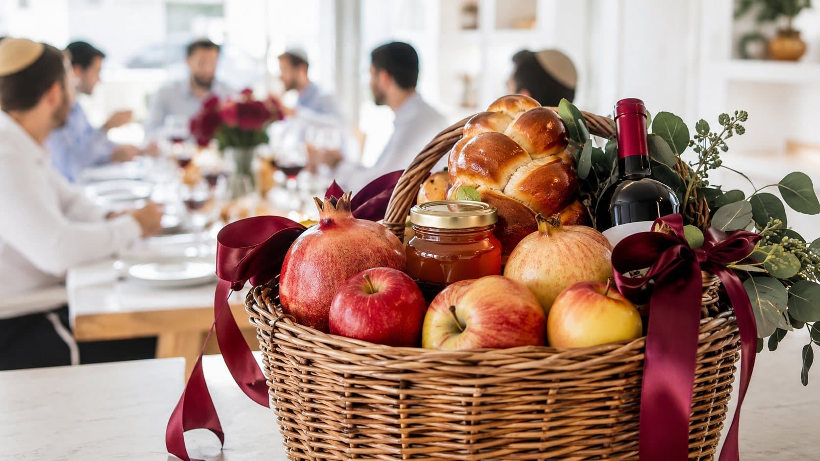 Illustration : un panier garni pour les fêtes, et derrière lui une tablée familiale